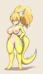 1girls ampere_(florazarts) barefoot blonde_hair blue_markings breasts dragon_girl florazarts green_eyes horns nude nude_female ponytail solo standing_on_tip_toes tail yellow_skin