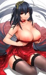 ahoge azur_lane bangs bare_shoulders black_hair blush breast_hold breasts breasts_out choker cleavage closed_mouth cocktail_dress collarbone commentary_request dated dress eyebrows_visible_through_hair female garter_straps hair_between_eyes hair_ornament head_tilt large_breasts long_hair looking_at_viewer mitsuba_minoru nipples red_choker red_dress red_eyes signature sitting smile solo taihou_(azur_lane) taihou_(forbidden_feast)_(azur_lane) thighhighs very_long_hair