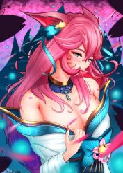 9_tails ahri blue_eyes breasts kemonomimi kitsune kumiho large_breasts league_of_legends long_hair nine_tailed_fox pink_hair pudding300 riot_games spirit_blossom_ahri spirit_blossom_series tagme undressing vastaya