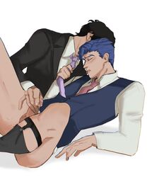 2boys adam_(sk8_the_infinity) ainosuke_shindo black_hair blue_hair clothing garter_belt_socks gay hand_on_penis handjob male male/male male_only partially_clothed penis penis_grab sk8_the_infinity snake_(sk8_the_infinity) tadashi_kikuchi tie white_background yaoi