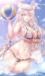 animal_ear_fluff animal_ears arknights armpits ball beach_ball belly bikini bikini_bottom bikini_top braided_hair breasts cat_ears cat_girl cat_tail catgirl circlet gray_eyes huge_breasts large_breasts long_hair oerba_yun_fang one_eye_closed open_mouth paw_print pramanix_(arknights) sea sideboob silver_eyes sky sunlight thick thick_thighs underboob water white_hair wide_hips zynxy