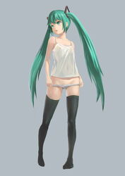 absurdres camisole cancer_(zjcconan) female green_eyes green_hair grey_background hatsune_miku highres jpeg_artifacts long_hair matching_hair/eyes open_mouth panties panty_pull see-through simple_background solo striped striped_panties thighhighs tied_hair twintails underwear undressing very_long_hair vocaloid