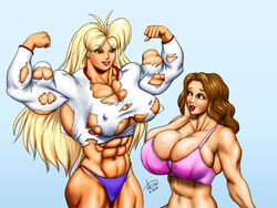 2girls big_breasts blonde_hair brown_eyes brown_hair dcmatthews flexing green_eyes hulking_out hulkout multiple_girls muscles muscular_female ripped_clothing signature sonya tetsuko