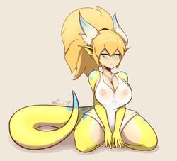 1girls ampere_(florazarts) blonde_hair blue_markings breasts covering_crotch dragon_girl florazarts green_eyes horns looking_to_the_side ponytail see-through see-through_clothing sitting solo tail yellow_skin