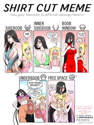 2girls black_hair blonde_hair boob_window breasts busty cleavage feet hourglass_figure inner_sideboob light-skinned_female light_skin meme moekaki multiple_girls nipples original_character shirt_cut_meme sideboob size_difference tagme underboob wide_hips