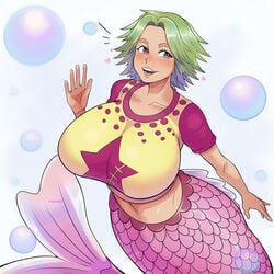 2021 alternate_version_available big_breasts camie collarbone female female_only green_hair huge_breasts mermaid one_piece open_mouth pinkkoffin short_hair simple_background