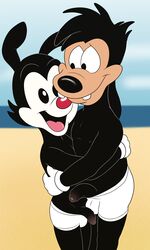 absurd_res animaniacs anthro balls balls_in_panties black_body black_fur bulge canid canine canis clothing crossover cub detailed_background disney domestic_dog duo flaccid foreskin fur gay genitals gloves goof_troop handwear hi_res hug humanoid_genitalia humanoid_penis inkblot long_foreskin magzol male male/male mammal max_goof open_mouth penis tongue uncircumcised uncut underwear warner_brothers yakko_warner