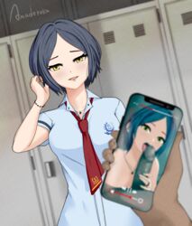 1boy 1girls amaderoka blush cellphone dark-skinned_male dressing_room fellatio female hayami_kanade idolmaster idolmaster_cinderella_girls juxtaposition licking_penis locker_room looking_at_viewer necklace oral phone pov queen_of_spades ruined_reputation school_uniform short_hair spade