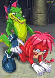 argyle_the_crocodile bbmbbf doggy_style glasses golden_eyes green_skin hands_on_hips lara-su mobius_unleashed penetration pink_hair purple_eyes red_fur sonic_(series) sonic_the_hedgehog_(series)