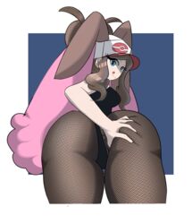 1girls back_view big_ass big_butt bunny_ears bunnysuit clovernuts female fishnets grabbing_ass grabbing_own_ass hilda_(pokemon) lopunny_(cosplay) nintendo pokemon pokemon_(cosplay) pokemon_bw solo solo_female thick_thighs white_border