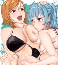 2girls big_breasts blue_hair breast_squeeze breast_squish breasts brown_hair cleavage female female_focus female_only huge_breasts jujutsu_kaisen kasumi_miwa kazukine kugisaki_nobara mouth_open multiple_girls open_mouth sucking_nipples swimsuit yuri