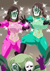 big_breasts big_thighs black_boots black_gloves bodysuit boots breasts brown_background brown_hair cape curvaceous curvy curvy_female curvy_figure fist gloves green_bodysuit green_cape green_mask hayami_sena heroine hypnosis hypnosis long_hair mashin_sentai_kiramager mask masked masked_female monster ooharu_sayo otokam1117 pink_bodysuit ponytail purple_gloves sayo_ooharu sena_hayami shoulder_length_hair skintight skintight_bodysuit skintight_clothing skintight_suit sparkle stepping stepping_on_head super_sentai superheroine thick_thighs tight_clothes tight_clothing tight_fit tokusatsu voluptuous