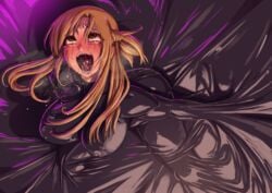 ahe_gao black_latex bondage brown_eyes brown_hair crying encasement female large_breasts latex latex_bodysuit latex_suit long_hair open_mouth orgasm sashizume_soutarou screaming spread_arms spread_legs sword_art_online tears trapped vacuum vacuum_bed yuuki_asuna