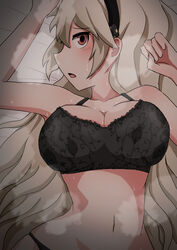 1girls amamitsu9 black_panties bra cleavage corrin_(fire_emblem) corrin_(fire_emblem)_(female) fire_emblem fire_emblem_fates heavy_breathing large_breasts long_hair looking_at_viewer nintendo on_back panties red_eyes solo solo_female steam steaming_body sweat underwear