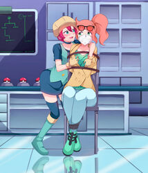 2girls blush bondage boots bound bound_to_chair breast_grab chair chair_bondage eyewear_on_head female female_only femdom femsub forced_yuri gag gagged georgia_(pokemon) ginger grabbing_breasts groping hat high_heel_boots langley_(pokemon) orange_hair over_the_nose_gag pink_hair pokemon pokemon_(anime) pokemon_ss punksamurai restrained rope rope_bondage short_hair sonia_(pokemon) sunglasses_on_head tied_to_chair tied_up yuri