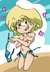 1girls beach bikini blonde_hair blush breasts female female_only half-closed_eyes looking_to_the_side lori_loud navel nipples panties sand solo suggestive the_loud_house topless topless_female zukicure