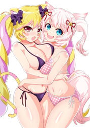 2girls amber_eyes asymmetrical_docking bikini blonde_hair blue_eyes blush bra cat_ears cat_tail catgirl cleavage cowboy_shot ear_fluff fox_ears fox_girl fox_tail hair_ribbon howan_(show_by_rock!!) hug huge_breasts jingle_bell looking_at_viewer mashima_himeko medium_breasts multicolored_hair navel open_mouth panties pink_hair show_by_rock!! simple_background smile twintails upper_teeth very_long_hair white_background white_hair yanakura yuri