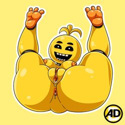 animatronic anus artidemonboy bodily_fluids breasts color digital_media_(artwork) female female_only five_nights_at_freddy's five_nights_at_freddy's_2 legs_up looking_at_viewer nipples presenting pussy pussy_juice robot scottgames smile solo solo_female toy_chica_(fnaf) uncensored