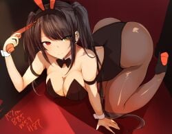 agetama black_hair breasts cleavage clock_eye date_a_live eyebrows_visible_through_hair eyelashes_visible_through_hair female female_only hair_between_eyes hair_over_one_eye heterochromia high_heels long_hair looking_at_viewer pantyhose playboy_bunny red_eye smile tokisaki_kurumi twintails weapon wrist_cuffs