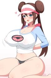 1girls 2021 aikome_(haikome) alternate_breast_size belly_button black_panties blue_eyes blush breasts brown_hair cleavage erect_nipples erect_nipples_under_clothes feet_out_of_frame female female_focus female_only haikome hands_behind_back hat heart hips huge_breasts jiggling_breasts kneeling long_hair looking_at_viewer low_neckline midriff motion_lines nintendo nipples nipples_visible_through_clothing no_bra open_mouth panties pokemon pokemon_bw2 puffy_nipples rosa_(pokemon) shirt shirt_pull simple_background slim_waist smile smiling_at_viewer teasing teasing_viewer thick_thighs thighs twin_buns twintails visor visor_cap wariza white_background white_hat white_shirt wide_hips