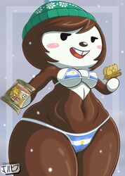 2021 animal_crossing anthro argentina big_breasts bikini black_eyes blush breasts brown_fur brown_hair bunny_girl carmen_(animal_crossing) furry hat jackintaro looking_at_viewer nintendo smile thick_thighs