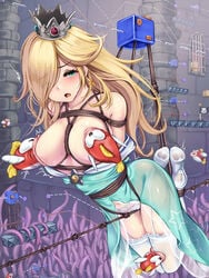 1girls :o alternate_breast_size aqua_dress aqua_eyes arms_behind_back ass between_breasts big_breasts blonde_hair blush bondage bound bowser_logo breast_sucking breasts cheep_cheep cleavage commentary crotch_rope crown dress earrings eyes_visible_through_hair female fish flag forced_orgasm full_body gem high_heels highres human jewelry lace-trimmed_legwear lace_trim large_breasts long_dress mario_(series) monikano navel nintendo open_mouth panties platform princess_rosalina pussy_juice rope rope_bondage rope_walking sex_machine solo star_(symbol) star_earrings star_print super_mario_galaxy super_mario_world tentacle thighhighs thighs tilted_headwear tower underwear white_panties