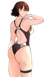 1girls alternate_costume ass brown_eyes brown_hair female light_skin makoto_niijima nero_watch nipples_visible_through_clothing one-piece_swimsuit persona persona_5 sideboob solo swimsuit white_background