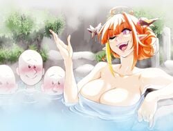 1girls 3boys absurdres ahoge anon bath black_eyes blush breasts detailed_background dragon_girl dragon_horns fangs female female_focus holoforce hololive hololive_japan horn_ribbon horns in_water kiryu_coco male nisego one_eye_closed onsen open_mouth orange_hair red_eyes smile tied_hair towel virtual_youtuber yellow_highlights youtube youtuber