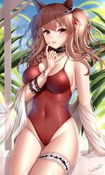 1girls angelina_(arknights) angelina_(summer_flowers)_(arknights) animal_ears arknights blush bracelets breasts brown_hair cameltoe choker collar female female_only navel necklace one-piece_swimsuit outdoors red_eyes saliva solo swimsuit thighs tied_hair tongue_out twintails wet_skin wsman