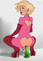 1boy anal anal_training artist_request blonde_hair bodysuit boots chastity chastity_cage chastity_device dildo dildo_in_ass dildo_sitting femboy green_dildo green_eyes heels latex pink_latex precum sex_toy sissy squatting tagme thigh_boots trap