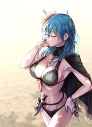 1girls alternate_costume armpits bangs bikini black_bikini black_cape black_swimsuit blue_eyes blue_hair bracelet breasts byleth_(fire_emblem) byleth_(fire_emblem)_(female) byleth_(summer)_(fire_emblem)_(female) cape cleavage closed_eyes closed_mouth cowboy_shot dagger duplicate eyebrows_visible_through_hair female fire_emblem fire_emblem:_three_houses fire_emblem_heroes flower hair_between_eyes hair_flower hair_ornament hand_on_hip hibiscus highres jewelry knife large_breasts long_hair medium_hair navel nintendo orange_flower outdoors outside pale_skin solo solo_female standing swimsuit t_misaomaru teal_hair weapon white_background