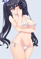 black_hair blush breasts cleavage closed_mouth dura embarrassed front_view hair_ribbon light-skinned_female long_hair micro_bikini mostly_nude neptunia_(series) noire red_eyes simple_background solo twintails