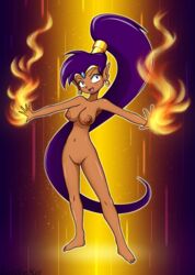 1girls blue_eyes breasts brown_skin earrings female fire_magic long_hair loodanonmus naked nipples nude open_mouth pointy_ears ponytail purple_hair pussy shantae shantae_(character) smooth_skin solo vagina