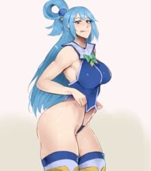 1girls 2021 2d aqua_(konosuba) ass bare_arms between_labia blue_eyes blue_hair blue_panties blue_topwear blush blushing_at_viewer bow breasts clothed clothed_female deity female female_focus female_only goddess hair_ornament hi_res hips innie_pussy kisou kono_subarashii_sekai_ni_shukufuku_wo! large_breasts licking_lips light-skinned_female light_blush light_skin long_hair looking_at_viewer naughty_face no_watermark pale-skinned_female pale_skin panties panty_pull shiny_skin simple_background slim_waist thick_thighs thighhighs thighs tongue tongue_out wide_hips