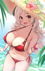 1girls big_breasts bikini blue_archive blush bracelet breasts cleavage female female_only gehenna_academy_student gourmet_research_society_(blue_archive) grey_hair horns izumi_(blue_archive) izumi_(swimsuit)_(blue_archive) large_breasts mole_on_thigh nail_polish straw_hat summer sweat swimsuit upper_teeth ushimittsu yellow_eyes