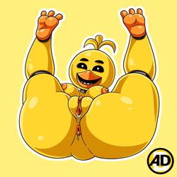 animatronic anus artidemonboy bodily_fluids breasts color digital_media_(artwork) female female_only five_nights_at_freddy's five_nights_at_freddy's_2 legs_up looking_at_viewer nipples presenting pussy pussy_juice robot scottgames smile solo solo_female toy_chica_(fnaf) uncensored