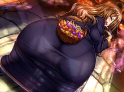 artist_logo ass ass_focus ass_in_dress basket bent_over blush breasts brown_hair candy dress female food from_behind hair_over_one_eye halloween ikemura_hiroichi indoors jack-o'-lantern kono_subarashii_sekai_ni_shukufuku_wo! large_breasts long_hair looking_at_viewer looking_back open_mouth pantylines red_eyes signature solo standing stone_floor sunlight trick_or_treat wiz_(konosuba)