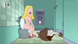 accurate_art_style alien american_dad big_breasts blonde_hair breasts clothed_male diklonius edit footwear francine_smith jewelry milf mostly_nude nude_female public roger_smith screenshot_edit toilet