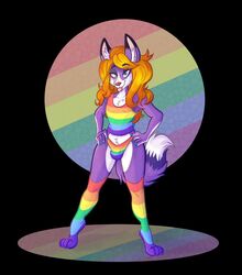 alpha_channel anthro ashley_rudinski_(glitterfoxie) balls_in_panties bikini bikini_bottom bikini_top bulge canid canine clothed clothing crossdressing detailed_bulge femboy fox gay genital_outline girly henryjdoe hi_res legwear lgbt_pride male male_only mammal midriff penis_outline pride_colors rainbow_bikini rainbow_flag rainbow_pride_flag rainbow_symbol shirt solo super_gay swimwear tank_top tankini topwear