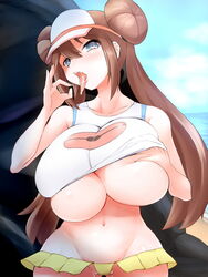 1girls alternate_breast_size big_breasts blue_eyes bondo breasts brown_hair cap double_bun female heart-shaped_pupils huge_breasts large_breasts nintendo pokemon pokemon_bw2 rosa_(pokemon) sexually_suggestive solo standing thick_thighs tongue_out twintails voluptuous wide_hips