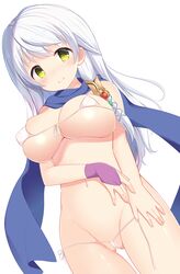 1girls bikini fire_emblem fire_emblem:_radiant_dawn from_below functionally_nude large_breasts looking_at_viewer looking_down micaiah_(fire_emblem) micro_bikini mimi_(mimi3mimimi) naked_scarf nintendo revealing_clothes scarf skindentation smile solo solo_female white_hair yellow_eyes