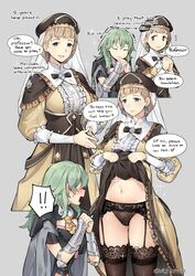 ! !! 2girls alternate_hair_color ass_visible_through_thighs black_panties blonde_hair blue_eyes blush byleth_(fire_emblem) byleth_(fire_emblem)_(female) clothes_lift dress dress_lift english_text enlightened_byleth_(female) fire_emblem fire_emblem:_three_houses flashing garter_belt garter_straps ge-b gebyy-terar green_hair hat highres lace lace-trimmed_legwear lace-trimmed_panties lace_trim lifted_by_self lingerie looking_at_another mercedes_von_martritz multiple_girls navel nintendo open_mouth panties post-timeskip presenting sequential short_hair simple_background smile sparkle speech_bubble stomach text thighhighs underwear upskirt yuri