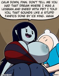 1boy 1girls adventure_time english_text fangs female finn_the_human funny garabatoz huge_breasts human male marceline marceline_abadeer one_breast_out partially_nude