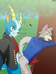 anal anal_sex anal_sex animal_crossing animal_genitalia animal_humanoid animal_penis anthro anthro_on_anthro anthro_on_feral anthro_penetrated anthro_penetrating anthro_penetrating_anthro anthrofied ass bruce_(animal_crossing) canine canine_penis deer deer_tail duo dustin_c fang_(animal_crossing) gay gay_sex knot knotted_penis looking_at_viewer male male/male male_only male_penetrated male_penetrating motion_lines nintendo surprised_expression surprised_look text video_games wolf wolf_tail words