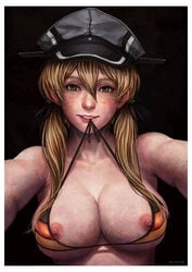 1girls artist_name bikini_top bikini_top_down biting_clothes black_background blonde_hair breasts cleavage exposed_breasts female freckles green_eyes kantai_collection large_breasts long_hair looking_at_viewer military_cap nipples pinup prinz_eugen_(kantai_collection) prinzkuon realistic smile solo tied_hair twintails white_border