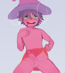 blush blushing clancy_(midnight_gospel) femboy green_eyes hairless_balls male_only no_nipples pink_skin purple_hair purple_hat put2littlemore red_skirt skirt skirt_lift solo_male tagme wizard_hat