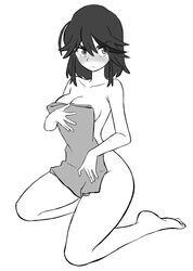 1girls annoyed athletic_female barefoot barely_covered black_and_white black_hair blush cleavage completely_nude covering_breasts covering_pussy covering_self cute embarrassed embarrassed_nude_female enf eyebrows_visible_through_hair eyes_visible_through_hair feet female female_only frown full_body kill_la_kill legs looking_at_viewer matoi_ryuuko monochrome naked nude nude_female on_knees shoulder_length_hair sideboob sitting solo tasteful_nudity teenager thighs tomboy towel towel_covering_breasts two_tone_hair