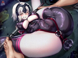 angry arms_behind_back arms_tied blush bondage bondage_outfit breasts fate/grand_order fate_(series) female gloves huge_pussy huge_thighs ikemura_hiroichi jeanne_alter jeanne_d'arc_(fate) latex_gloves latex_legwear latex_suit latex_thigh_highs locked_arms long_gloves nipple_bulge nipples pole pussy sex_slave silver_hair slave spread_legs struggling thighhighs thighs tied_up underboob yellow_eyes