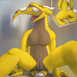 absurd_res all_the_way_through amarali_(artist) amarali_(character) anal anal_sex andromorph anthro bodily_fluids cuntboy hi_res intersex penetration reptile saliva scalie simple_background snake solo tail_fetish tail_in_ass tail_play yellow_body