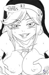 1boy 1girls black_and_white boobjob edens_zero english_text female_focus looking_at_viewer monochrome nipples pov sister_ivry sketch smile speech_bubble